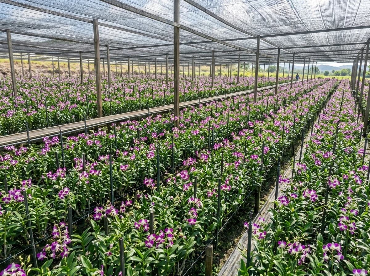 Thai orchid growers preparing fresh-cut Dendrobium orchids